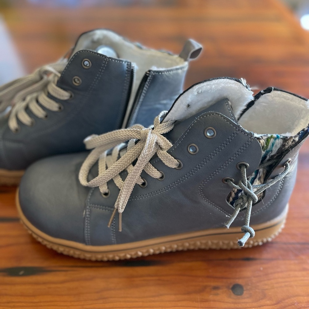 Comfortable Low Heel Lace-up Boots, faux leather, dusty blue color. Brand new.